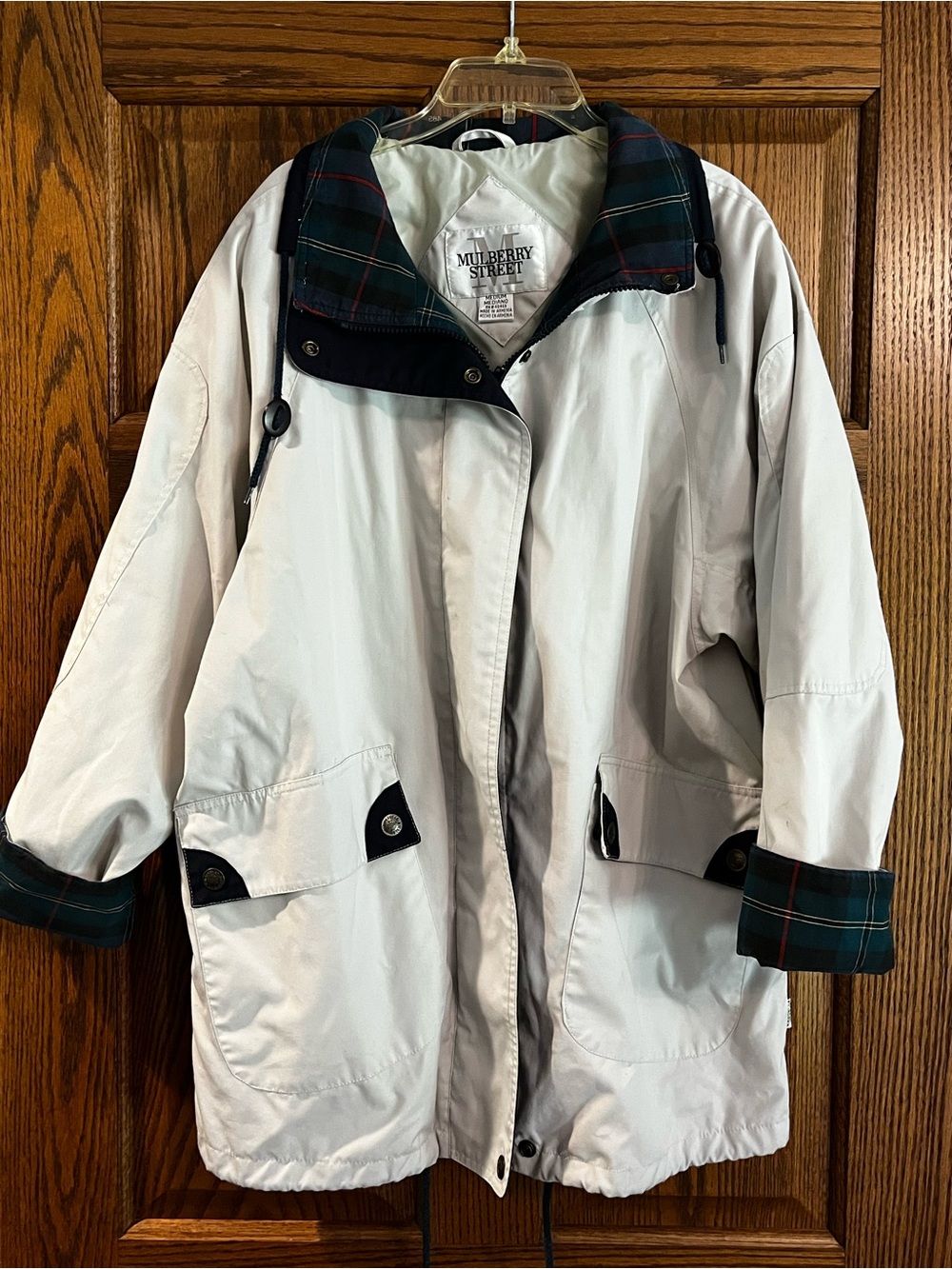 Mulberry Street Vintage Women's Cream Jacket with Tartan Trim Size Medium